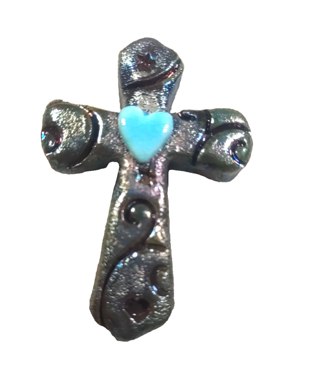 Home Made Craft Cross Wall Hanging V AH Clay Shiny Gray Blue Heart Religious